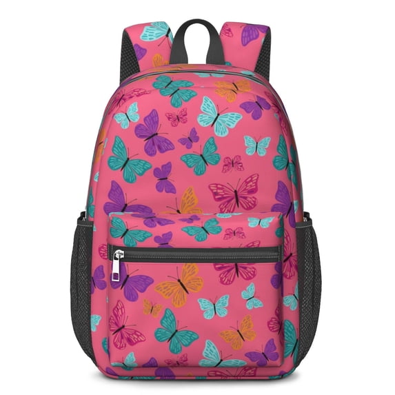 Pink Butterfly Pattern 17" Waterproof Oxford School Backpacks for Teens, S-Shape Padded Straps, for School, Travel, Hiking, Camping