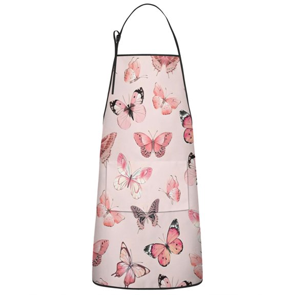 Pink Butterfly Pattern Apron-Garden Aprons for Women with Pockets-Cotton Linen Waterproof Kitchen Cooking Gardening Aprons Adjustable for Kitchen,Cooking,BBQ and Salon 33x27 Inch