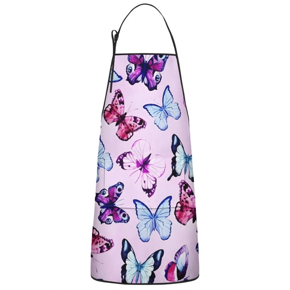 Pink Butterfly Pattern Apron-Garden Aprons for Women with Pockets-Cotton Linen Waterproof Kitchen Cooking Gardening Aprons Adjustable for Kitchen,Cooking,BBQ and Salon 33x27 Inch