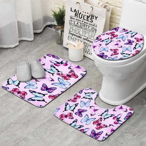 Pink Butterfly Pattern Bathroom Rugs Sets 3 Piece,Toilet Cover Set,Absorbent Non Slip Bathroom Mats Sets with U-Shaped Contour Rug Toilet Rug Set