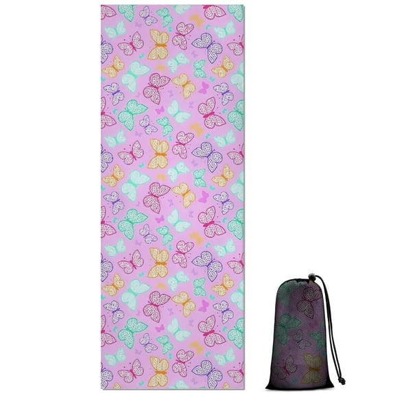 Pink Butterfly Pattern Hot Yoga Mat Towel Non Slip for Hot Yoga - Quick-Drying Yoga Mat Cover with 4 Corner Pockets with Travel Bag - Hot Yoga Towel Non Slip Grip Moisture Wicking Sweat 70"x26"