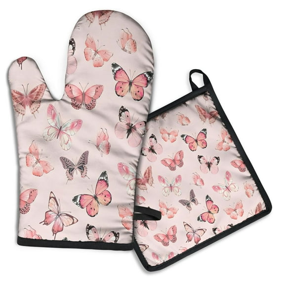 Pink Butterfly Pattern Kitchen Oven Mitt and Pot Holder Sets 2 Pcs for Baking, Cooking and Grilling, Heat Resistant Up To 392 °F