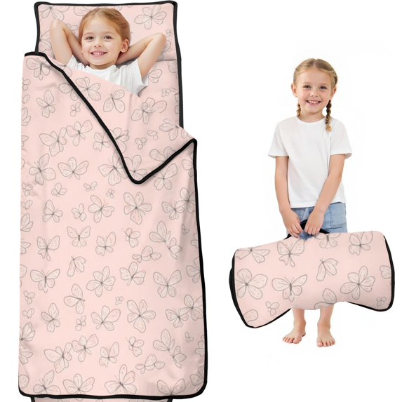 Pink Butterfly Pattern Teens Toddler Nap Mat with Pillow, Sleeping Mat Bag for Preschool Daycare 59"x22"