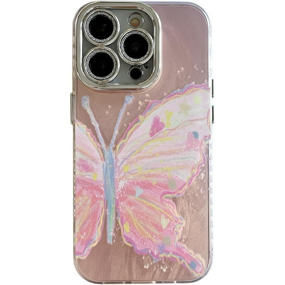 Pink Butterfly Pearl Bling Phone Case Compatible with iPhone 14 Pro 2022,Cute Y2K Aesthetic Double Layers Design Glitter Full Camera Lens Protective Cover for iPhone 14pro 6.1"