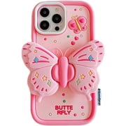 Pink Butterfly Phone Case Compatible with iPhone 11, Cute 3D Korea Dopamine Butterfly Case with Butterfly Wings Folding Stand Shockproof Silicone Soft Case