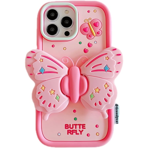 Pink Butterfly Phone Case Compatible with iPhone 12 Pro Max, Cute 3D Korea Dopamine Butterfly Case with Butterfly Wings Folding Stand Shockproof Silicone Soft Case