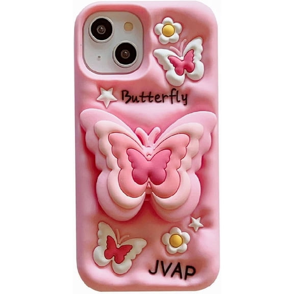 Pink Butterfly Phone Case Compatible with iPhone 15 Pro Max, Cute 3D Korea Dopamine Butterfly Case with Butterfly Telescopic Hold Stand Shockproof Silicone Soft Case