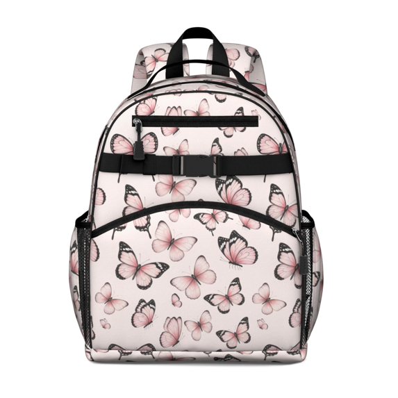 Pink Butterfly Pink Wings Pattern Cute School Backpack Bag for School with Padded Back and Adjustable Shoulder Straps 15.25"x11.5"x5.25"