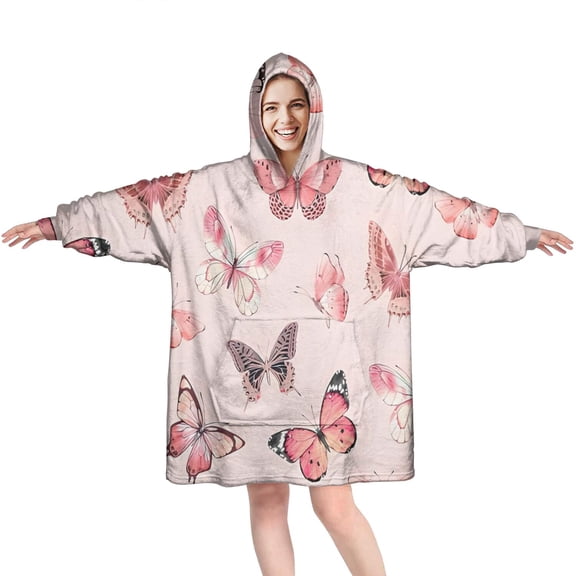 Pink Butterfly Pink Wings Pattern Wearable Oversized Blanket,Wearable Blanket Hoodie for Adults,Cozy Hooded Blankets with Super Pockets,Super Warm Fuzzy Pullover for Women & Men