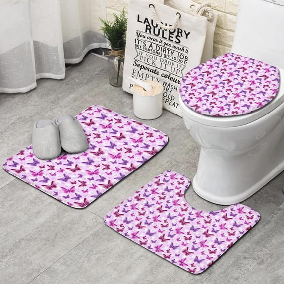 Pink Butterfly Purple Wing Pattern Bathroom Rugs Sets 3 Piece,Toilet Cover Set,Absorbent Non Slip Bathroom Mats Sets with U-Shaped Contour Rug Toilet Rug Set