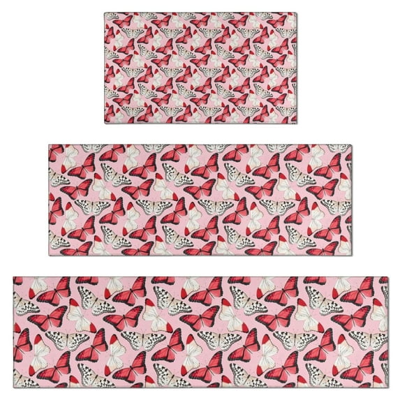 Pink Butterfly Red White Wing Pattern Kitchen Rugs Sets Of 3,Kitchen Runner Rugs Non Skid Washable,Decorative Kitchen Floor Mats for Kitchen,Sink,Laundry,17"x30"+ 17"x47" + 17"x59"