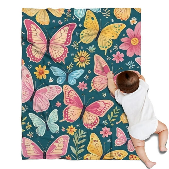 Pink Butterfly Rose Daisy Green Pattern Blanket,Comfortable Soft Flannel Throw Blanket,All Season,Warm Lightweight Blankets for Sofa Bed Couch Living Room Chair,30"x40"
