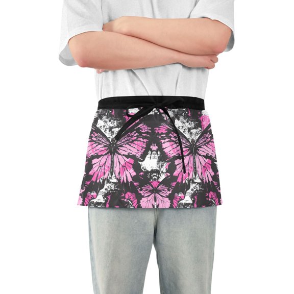 Pink Butterfly Server Apron with 3 Pockets Waterproof Waitress Waist Short Apron for Man Woman 12 Inches