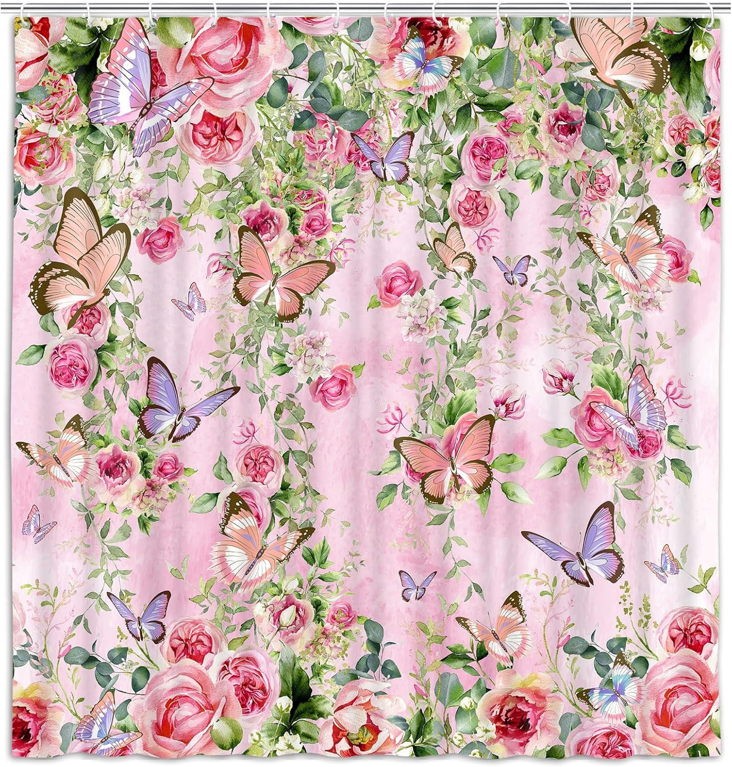 Pink Butterfly Shower Curtain Spring Bathroom Decor Set with Blooming Floral, Cloth Fabric Bathroom Decor Set with Hooks Colorful Boho Shower Curtain, 69X84IN