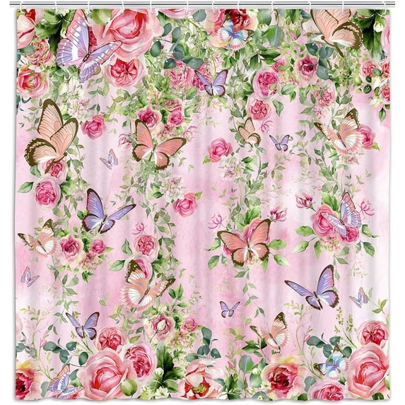 Pink Butterfly Shower Curtain Spring Bathroom Decor Set with Blooming Floral, Cloth Fabric Bathroom Decor Set with Hooks Colorful Boho Shower Curtain, 69X75IN