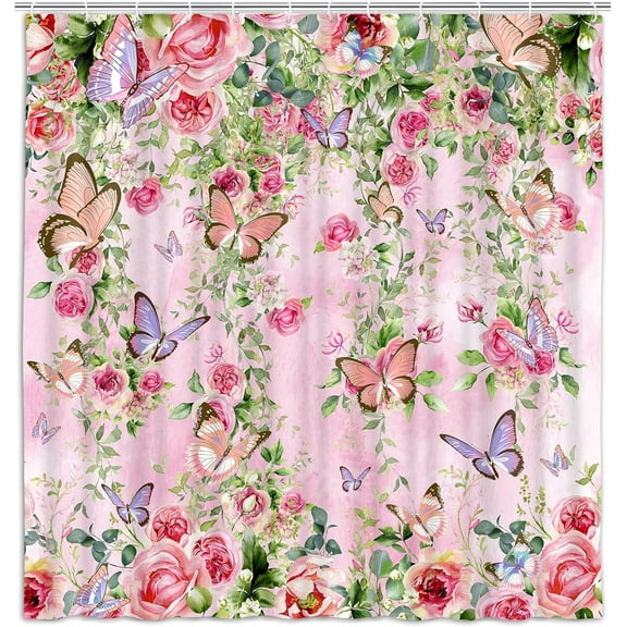 Pink Butterfly Shower Curtain Spring Bathroom Decor Set with Blooming Floral, Cloth Fabric Bathroom Decor Set with Hooks Colorful Boho Shower Curtain, 72X72IN