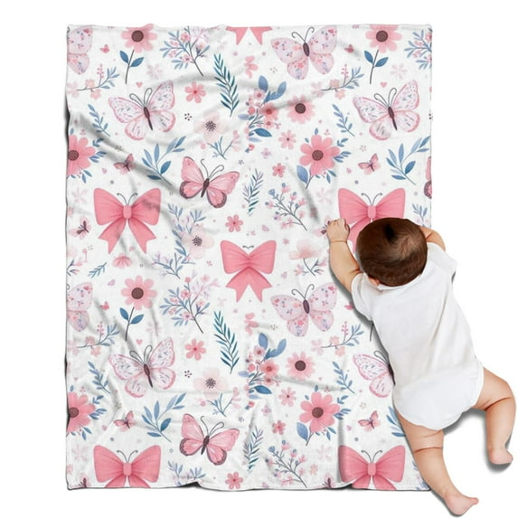 Pink Butterfly Star Floral Peach Pattern Blanket,Comfortable Soft Flannel Throw Blanket,All Season,Warm Lightweight Blankets for Sofa Bed Couch Living Room Chair,30"x40"