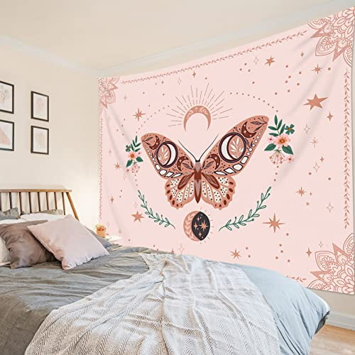Pink Butterfly Tapestry Floral Plant Botanical Tapestries Wall Hanging Bohemia Mandala Tapestry