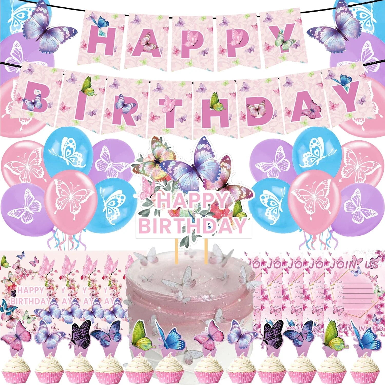 Pink Butterfly Theme Birthday Party Decoration Supplies Banner Balloon ...