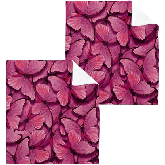 Pink Butterfly Washcloth 12x12in Set, 2 Pack Absorbent Cotton Towel Square Kitchen Dishes Towels, Soft Cleaning Face Hand Towel Fast Drying