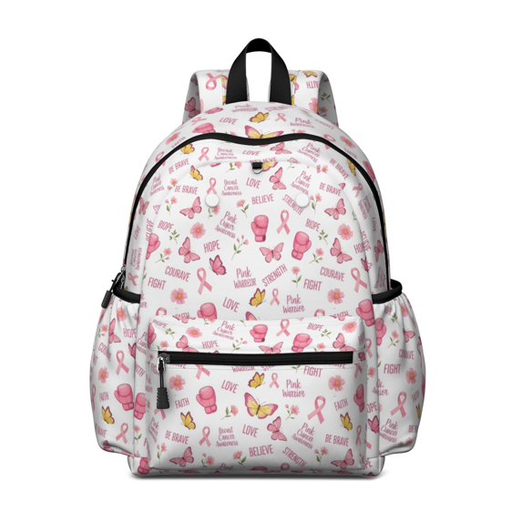 Pink Butterfly Word Pattern Cute School Backpack with Padded Back and Adjustable Shoulder Straps 13.4"x11"x4.7"