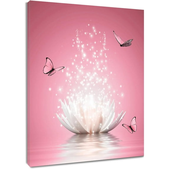Pink Butterfly Zen Wall Art for Bathroom Water Lily Flower on Water Canvas Wall Art Wall Paintings Home Decor Modern Spa Wall Pictures for Living Room Bedroom Office Ready To Hang,12x16 Inch