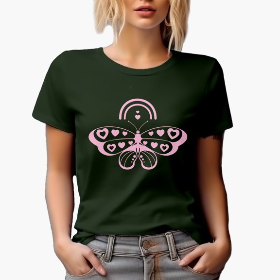 Pink Butterfly with Hearts Merch Gift, Military Green T-Shirt, Small