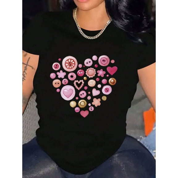 Pink Button Heart Valentine's Day Women's Short Sleeve Graphic Tee