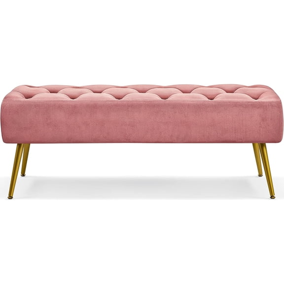 Pink Button-Tufted Upholstered Dining Bench with Gold Metal Base, for Kitchen, Living Room, or Entryway