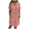 thumbnail image 1 of Pink Button for Women Fall Summer Short Sleeve Vneck Midi Knee Length Basic Dress Ladies 2025 Clothing Fashion Y2K L, 1 of 6
