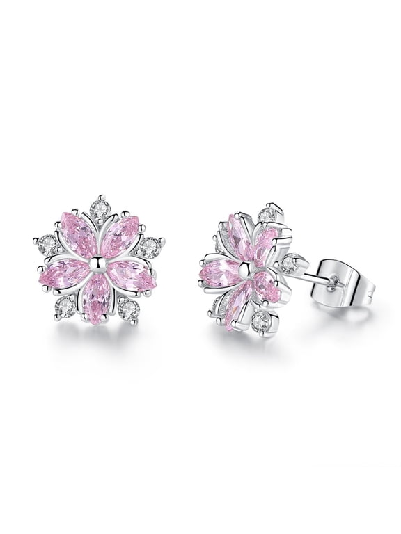 Pink CZ Cherry Blossoms Stud Earrings for Women Cartilage Crystal Tiny Flower Tragus Earring