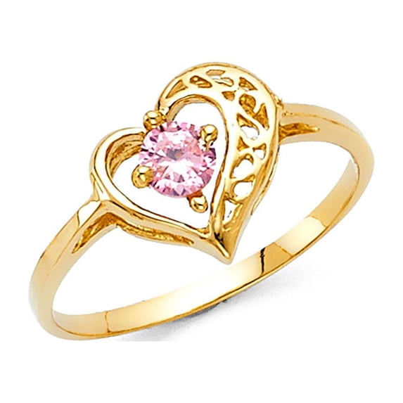 Pink CZ Heart Ring Solid 14k Yellow Gold Love Band Fashion Stylish Promise Ring Polished Fancy, Size 6.5