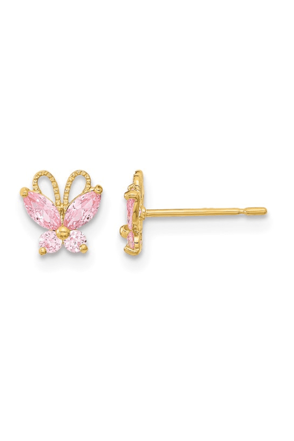 Pink Cubic Zirconia Button Earrings, 14K Yellow Gold Post & Push Back for Women