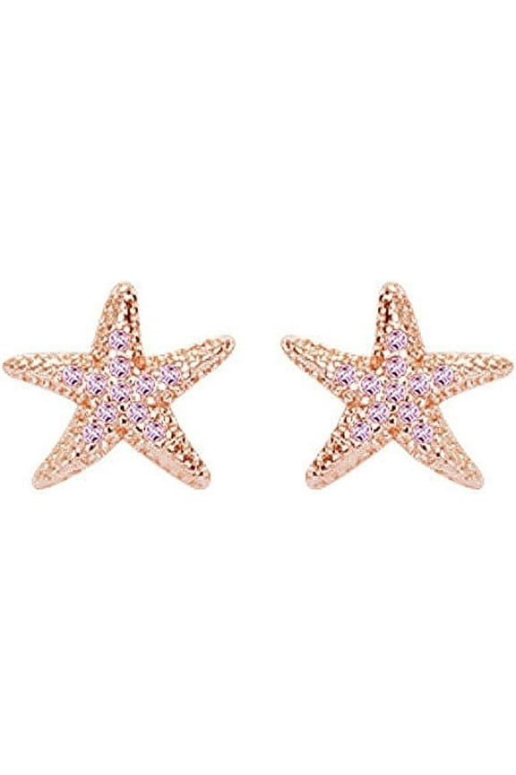 Pink CZ Starfish Stud Earrings for Women 925 Sterling Silver Hypoallergenic Cute Crystal Star Small Studs Cartilage Tragus Post Pin Dainty Ocean Beach Party Holiday Jewelry Gifts