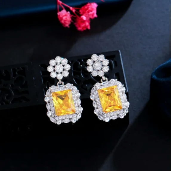 Pink CZ Stone Round Big Square Cut Drop Earring for Brides Fashion Brand Jewelry