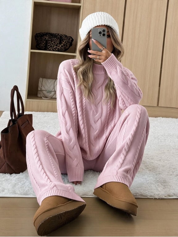 Pink Cable Knit Sweater and Pants Set
