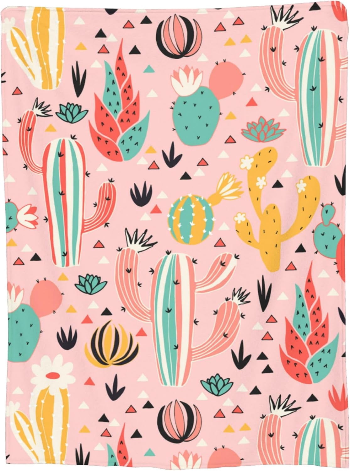 Pink Cactus Blanket for Adults Cute Cacti and Triangles Lovely Floral Flowers Throw Blankets Gifts Women Girls Lightweight Soft Fleece Cozy for Sofa Couch Bed Room Travel Party Decor 50x60in