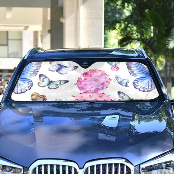 Pink Cactus Butterflies Automotive Front Car Windshield Sun Shade Reflector Foldable for Front Fit for Cars Truck SUVs