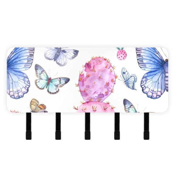 Pink Cactus Butterflies Mail Holder Organizer Wall Mount with Shelf Key Holder Key Rack with 5 Key Hooks for Wall Decorative