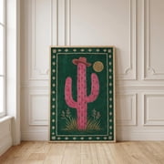 Pink Cactus Cowboy Hat Wall Art, Western Saguaro Poster, Southwest Desert Folk Art, Vibrant Green Home Decor Print