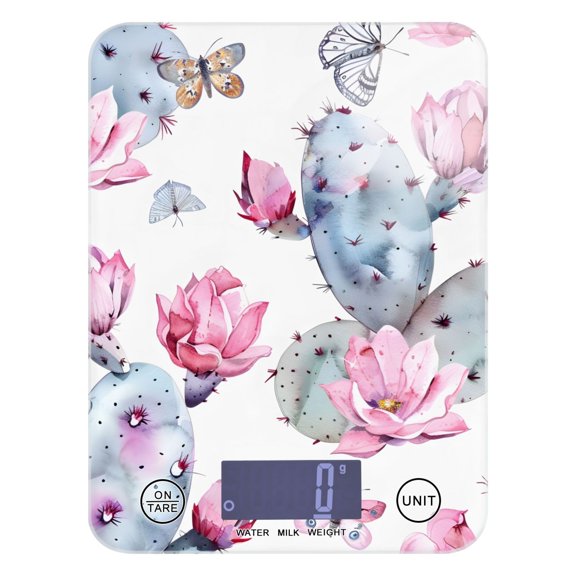 Pink Cactus and Butterflies Flowers Food Scale Digital Kitchen Scale Waterproof Tempered Glass Tare Function 11 lb for Baking Cooking Meal Prep