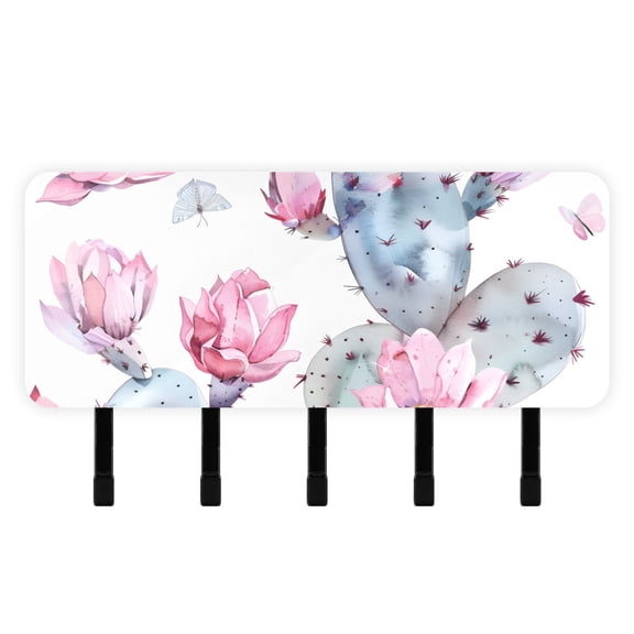 Pink Cactus and Butterflies Flowers Mail Holder Organizer Wall Mount with Shelf Key Holder Key Rack with 5 Key Hooks for Wall Decorative