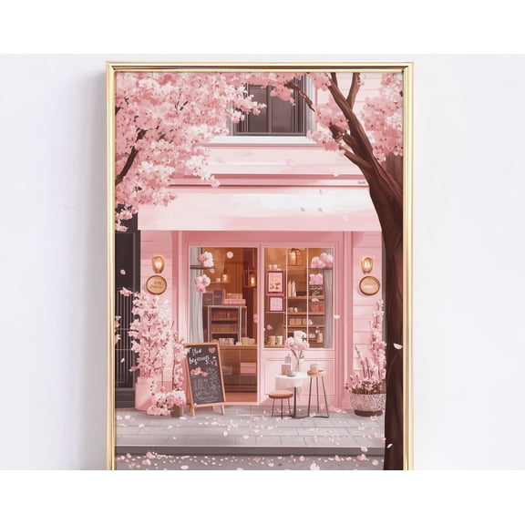 Pink Cafe Print, Cherry Blossom Wall Art Poster, Coffee poster, Pink Wall Art, Cafe Wall Art, Kitchen Wall Art, Cofee Lovers Gift, 8x12 UNFRAMED
