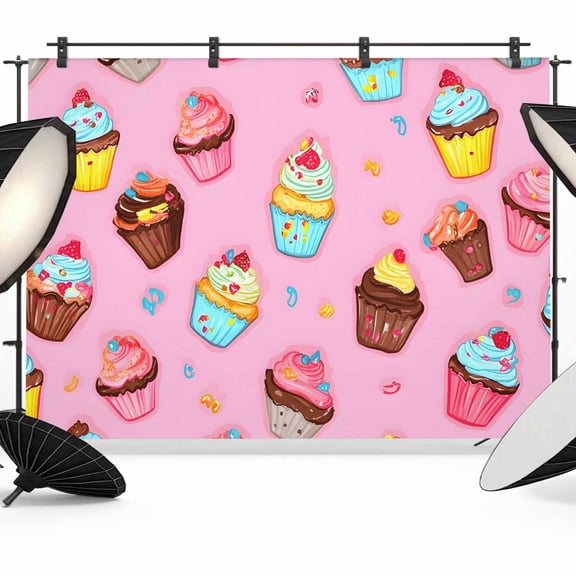 Pink Cake Backdrop for Photography, Blue Cake Cute Cartoon Dessert Modern Art Photo Backdrop Portrait Background Party Banner Photo Backgrounds for Studio Booth Props, 7x5ft