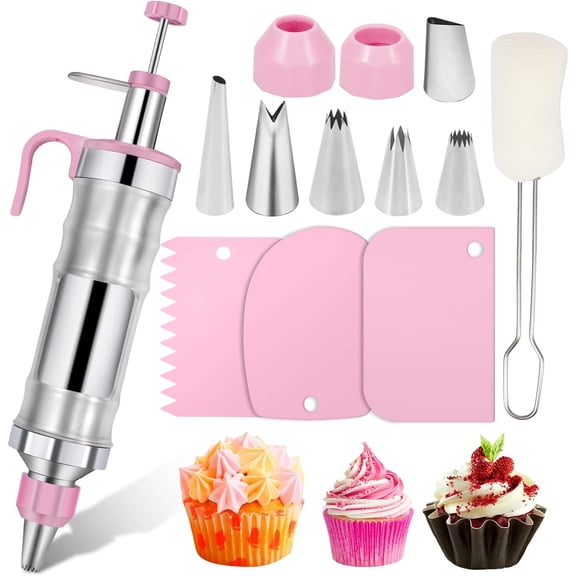Pink Cake Decorating Kit - 6 Russian Piping Icing Nozzles, 3 Cream Scrapers, Stainless Steel Cupcake Frosting Filling Injector