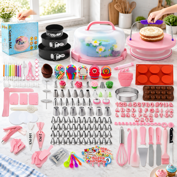 Pink Cake Decorating Kit 678 Baking Supplies With Carrier Springform Pans Piping Bags Tips Turntable Fondant Tools