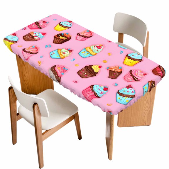 Pink Cake Fitted Rectangle Tablecloth 24" x 36" Blue Cake Cute Cartoon Dessert Modern Art Elastic Table Cloth Fits for 3 Foot Folding Tables Waterproof Table Cover for Picnic Camping Outdoor