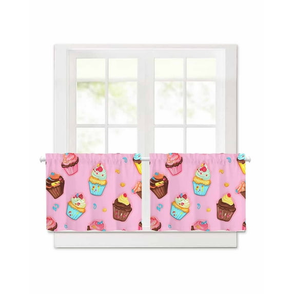 Pink Cake Short Blackout Curtains 30 Inch Long Blue Cake Cute Cartoon Dessert Modern Art Rod Pocket Kitchen Curtains, 2 Panels Thermal Insulated Room Darkening Drapes for Bedroom, 42"W x 30"L