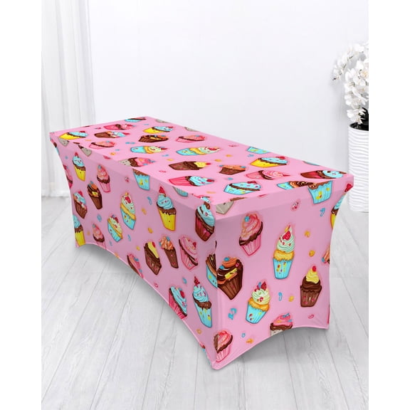Pink Cake Spandex Tablecloth 4ft Blue Cake Cute Cartoon Dessert Modern Art Elastic Fitted Cloth for Rectangle Table Washable Wrinkle Proof Stretch Table Cover for Wedding Party Birthday Banquet