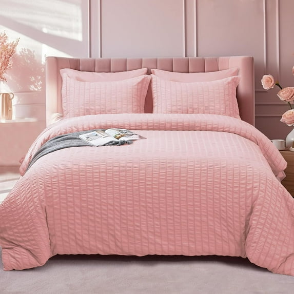 Pink California King Comforter Set Seersucker 7 Pieces, All Season Luxury Bed in a Bag for Bedroom, Bedding Set with Comforters, Sheets, Pillowcases & Shams
